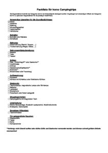 Packliste kurze Campingtrips pdf