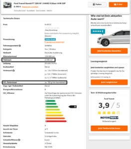 Fahrzeugdaten auf mobile.de zur Berechnung der Kfz-Steuer