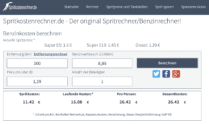 Benzinkosten berechnen auf Spritkostenrechner.de