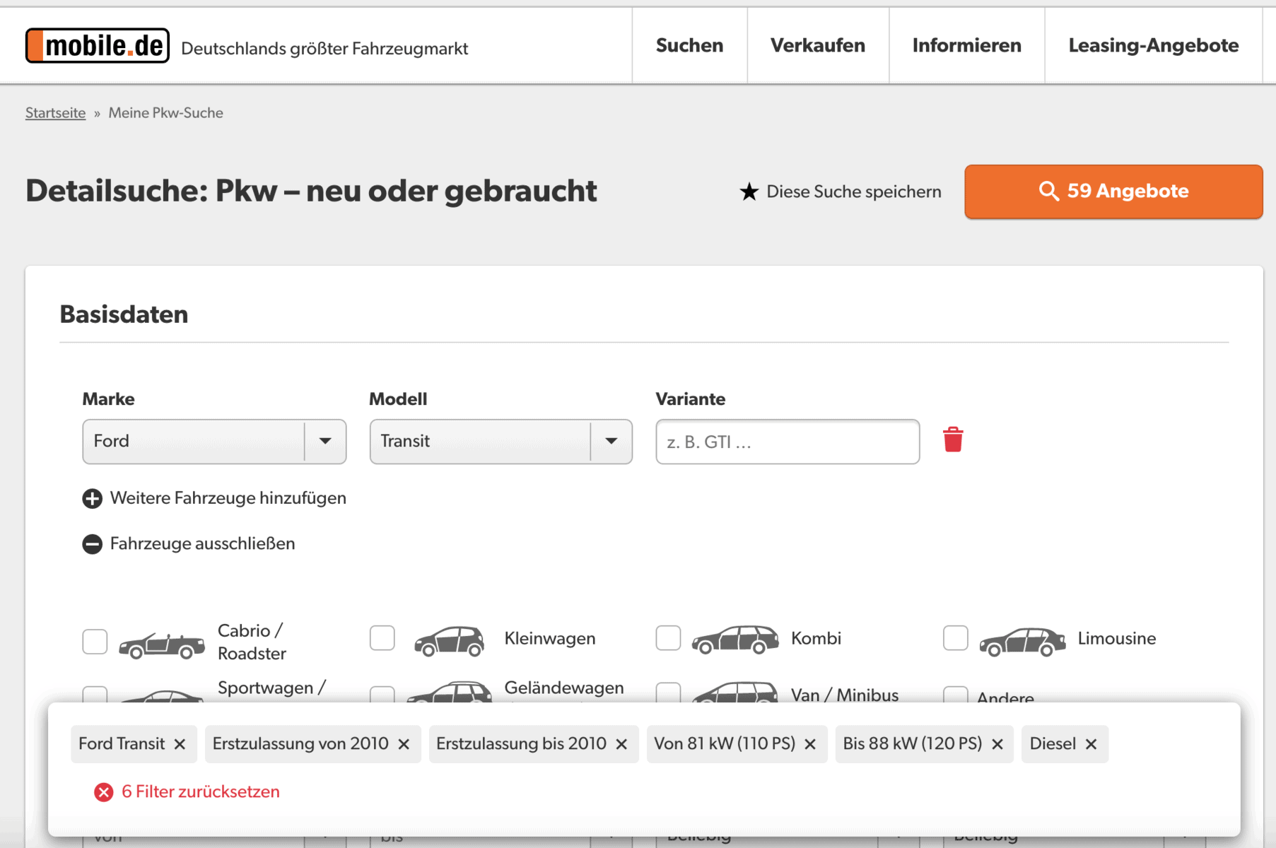 Fahrzeug-Detailsuche auf mobile.de