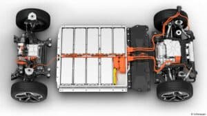 Chassis eines VW ID.3 mit tief liegenden Batterien