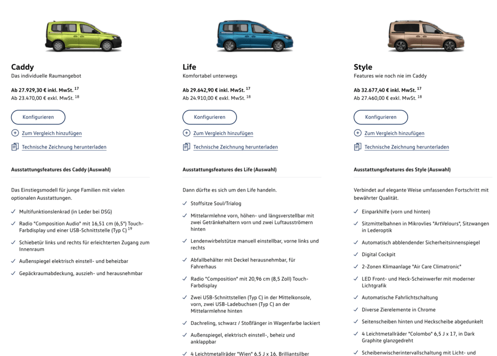 Modellvarianten des VW Caddys