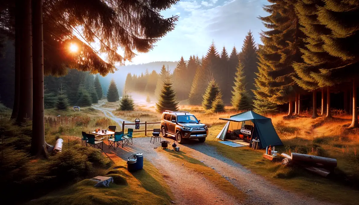 Auto Camping Lagerfeuer und Zelt
